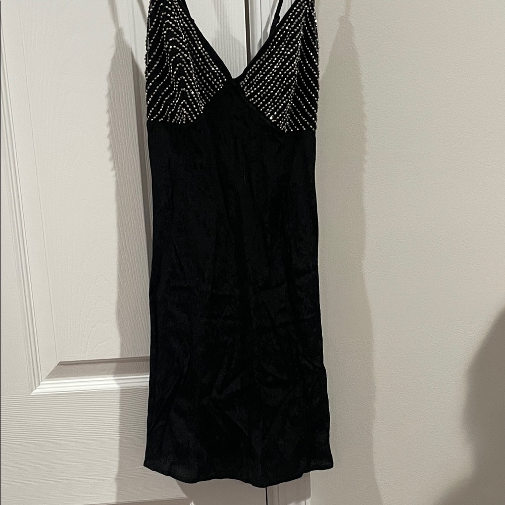 Intimately Free People- Black Lace-Texture Slip with Beaded Accents- Size Small